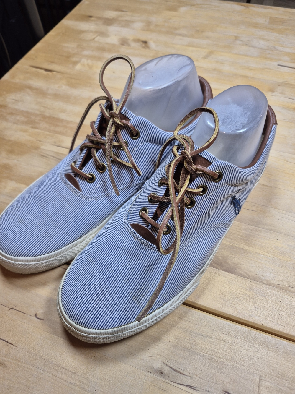 Polo by Ralph Lauren Men's Striped Blue Canvas Sneakers with Brown Trim